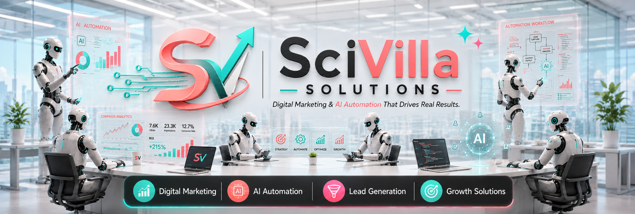 SciVilla Solutions digital marketing and AI automation banner logo